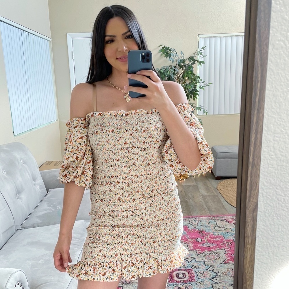 Topshop Shirred Bardot mini dress in ivory floral